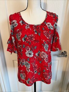 Japna Red Floral Scoop Neck Short Sleeve Blouse
